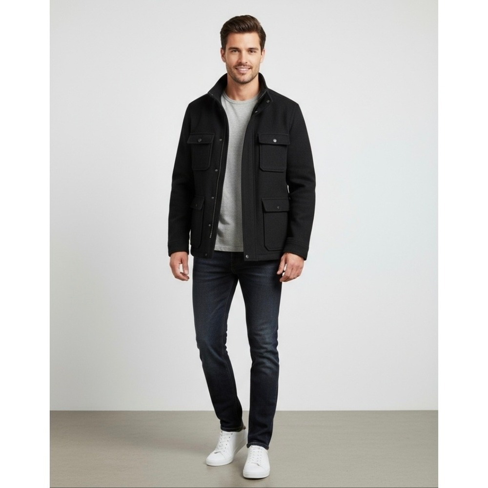 Coach Men's Wool Coat Jacket - Multi pockets - Black - Size: Large